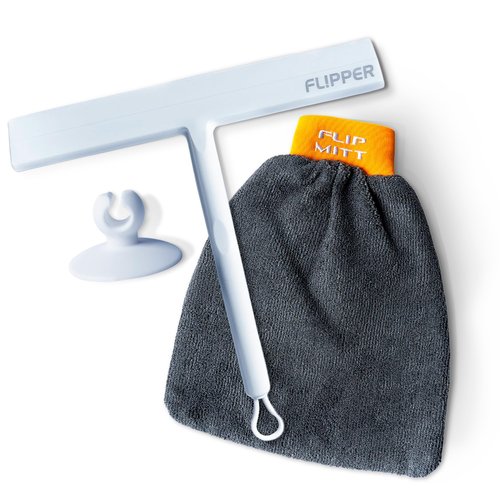 Flipper Dual-Action Squeegee and Microfiber Mitt – 2-in-1 Streak-Free Glass and Mirror Cleaning Tool for Windows, Shower Doors and Countertops – Reusable, Ergonomic, and Durable Design