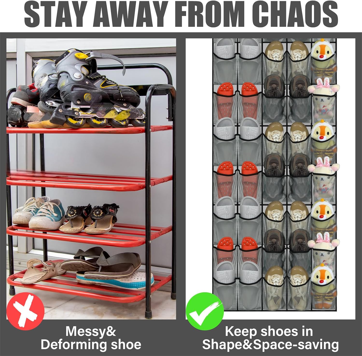Windyun Over The Door Shoe Organizer - Large Capacity Gray Hanging Rack for Dorm, Closet & Entryway