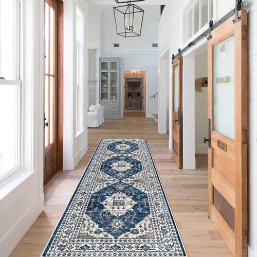Hallway Washable Runner Rug - Vintage Soft Non-Slip 2x7 Entryway Floor Mat | Blue