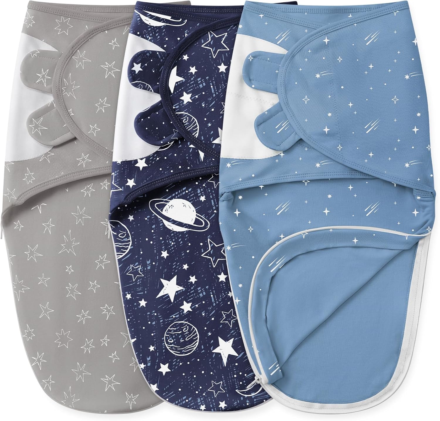 Unnivoll Baby Swaddles - 100% Cotton Newborn Swaddle Sack with Zipper | 3 Pack for 0-3 Months, Blue Planet