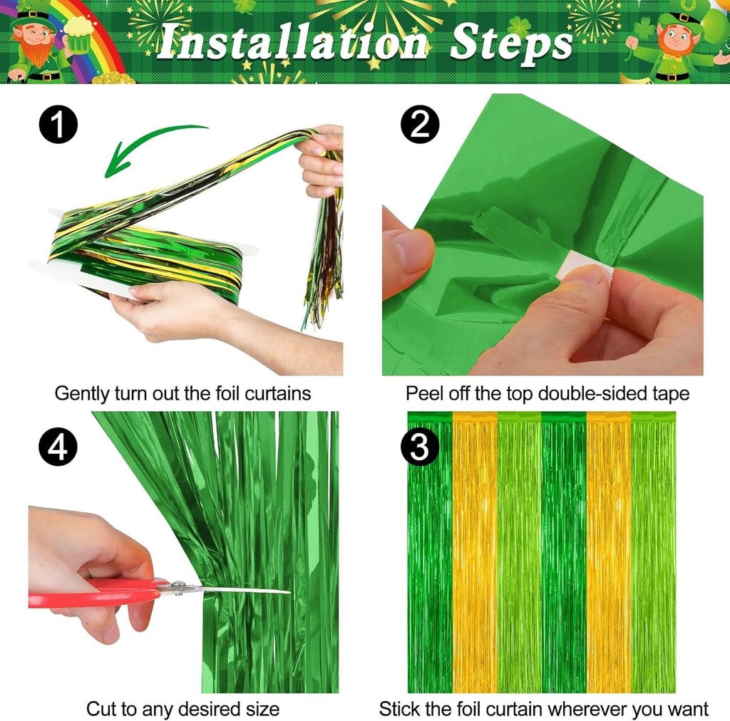 St. Patrick's Day Party Decorations - 2 Pack Green & Gold Backdrop Curtains | 3.28 FT x 7.05 FT Metallic Fringe
