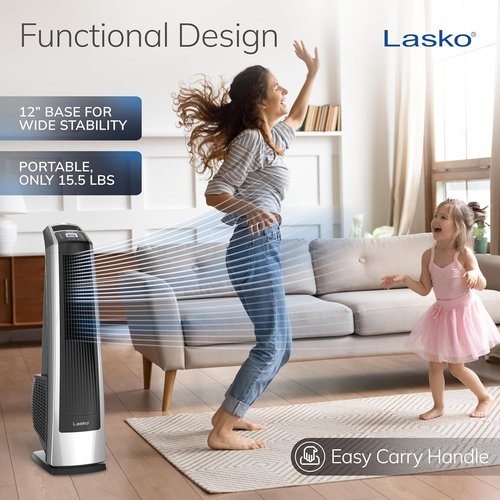 Lasko High Velocity Oscillating Tower Fan - Remote Control, Timer, 3 Speed Settings | 35" Silver/Black
