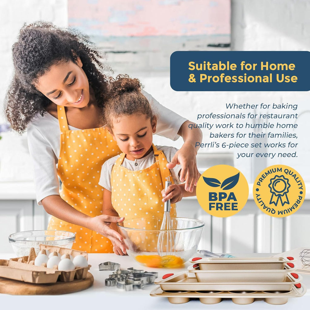 Perlli Baking Kit - Nonstick Gold Steel Oven Set with Silicone Handles | 6-Piece Bakeware Set
