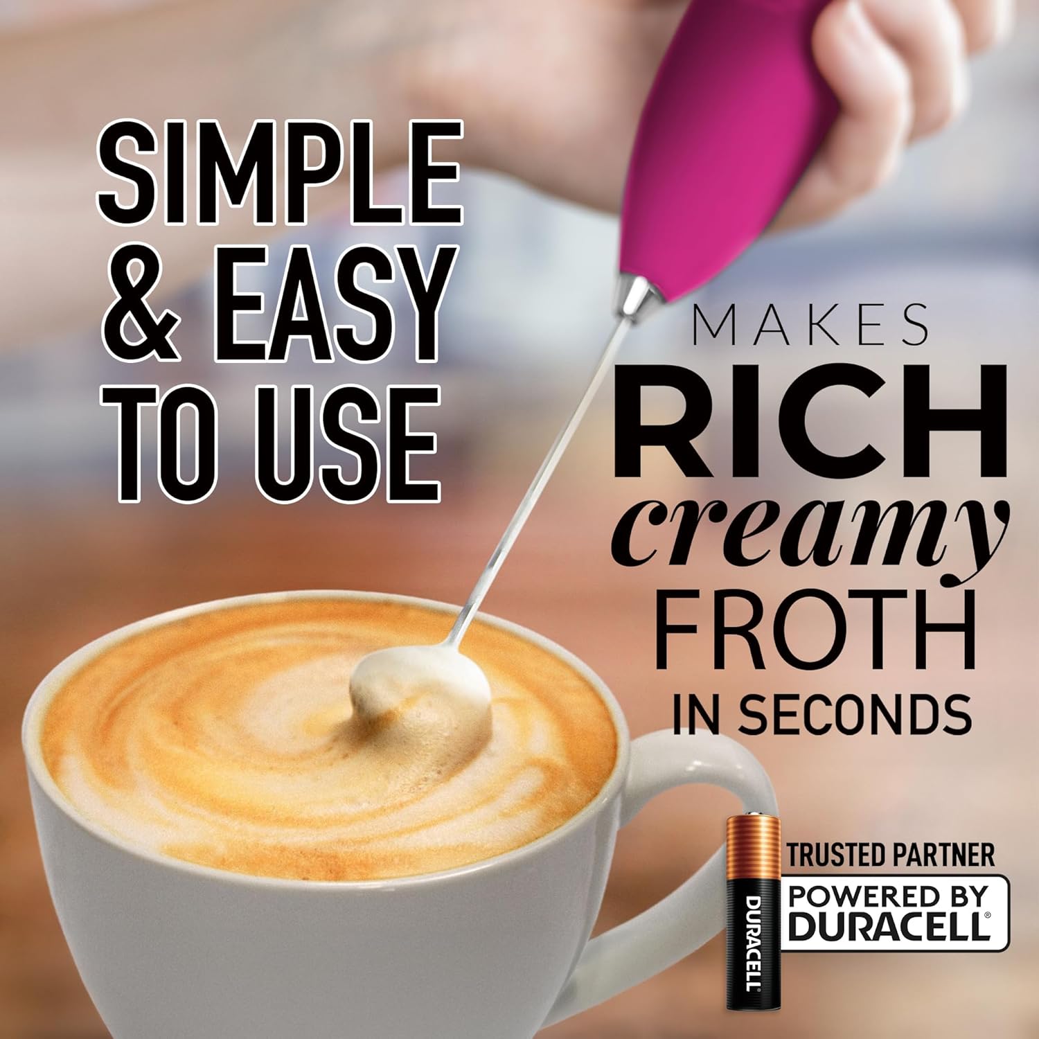 Zulay Kitchen Milk Frother Handheld Electric Whisk with AA Duracell Batteries – Durable Drink Mixer for Coffee, Lattes, Cappuccinos & More - Hot Pink