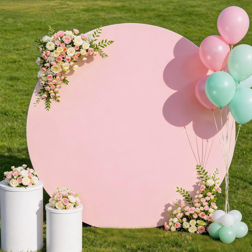 Skiennix 6.6 FT Round Backdrop Cover - Pink Spandex Wedding Circle Arch for Baby Showers & Parties