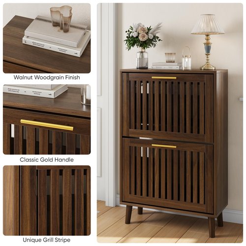 Smart FENDEE Shoe Cabinet with 2 Flip Slatted Drawers, Farmhouse Slim Shoe Organizer Rack with Golden Handles, Freestanding Hidden Entryway Storage for Hallway, Walnut