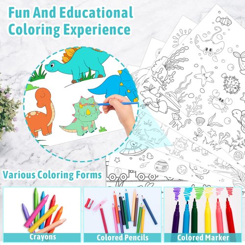 500 Pcs Coloring Activity Placemats 5 Themed Coloring Activity Sheets Paper Mat Bulk 14.2"x10.2" Disposable Dining Table Paper Placemat for Kids DIY （Animals,Sea,Planets,Dinosaurs,Train&Animals）