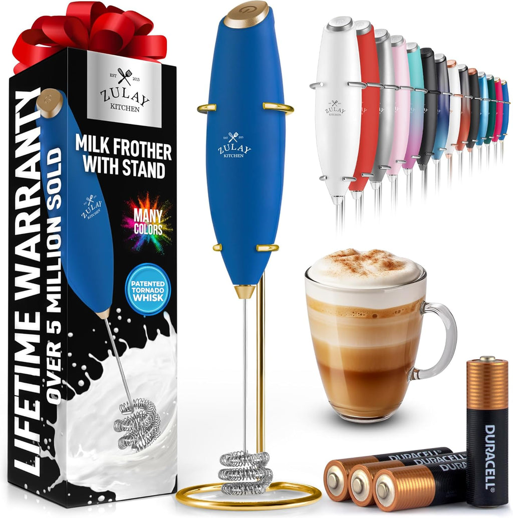 Zulay Kitchen Tornado Triple Whisk Milk Frother - Handheld Foam Maker for Coffee & Lattes - Navy Blue & Gold