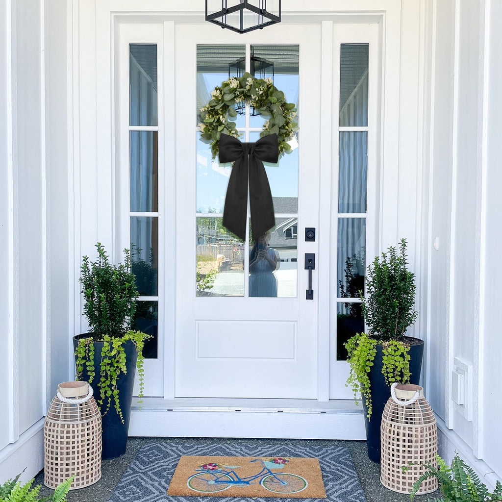 Skiennix Black Wreath Sash - Elegant Linen Ribbon Bow for Front Door & Porch Decor | 2 Pcs Set