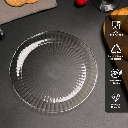 FOCUSLINE 100 Count Clear Plastic Plates 7 Inch, Disposable Heavy Duty Salad Dessert Plates- Premium Hard Plastic Plate Fancy Disposable Clear Plate for Weddings, Parties and Events