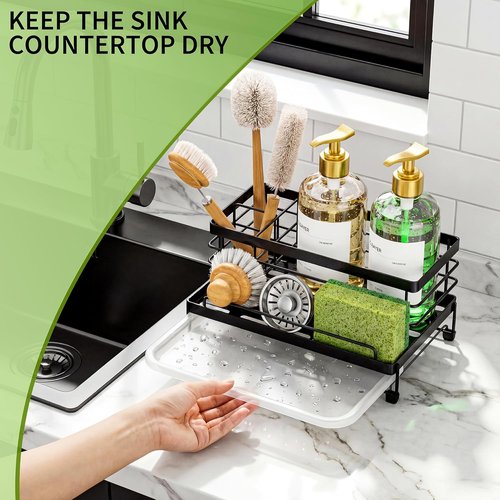 Cisily Large Black Sponge Holder - Rustproof Kitchen Sink Organizer with Drip Tray & Non-Slip Design