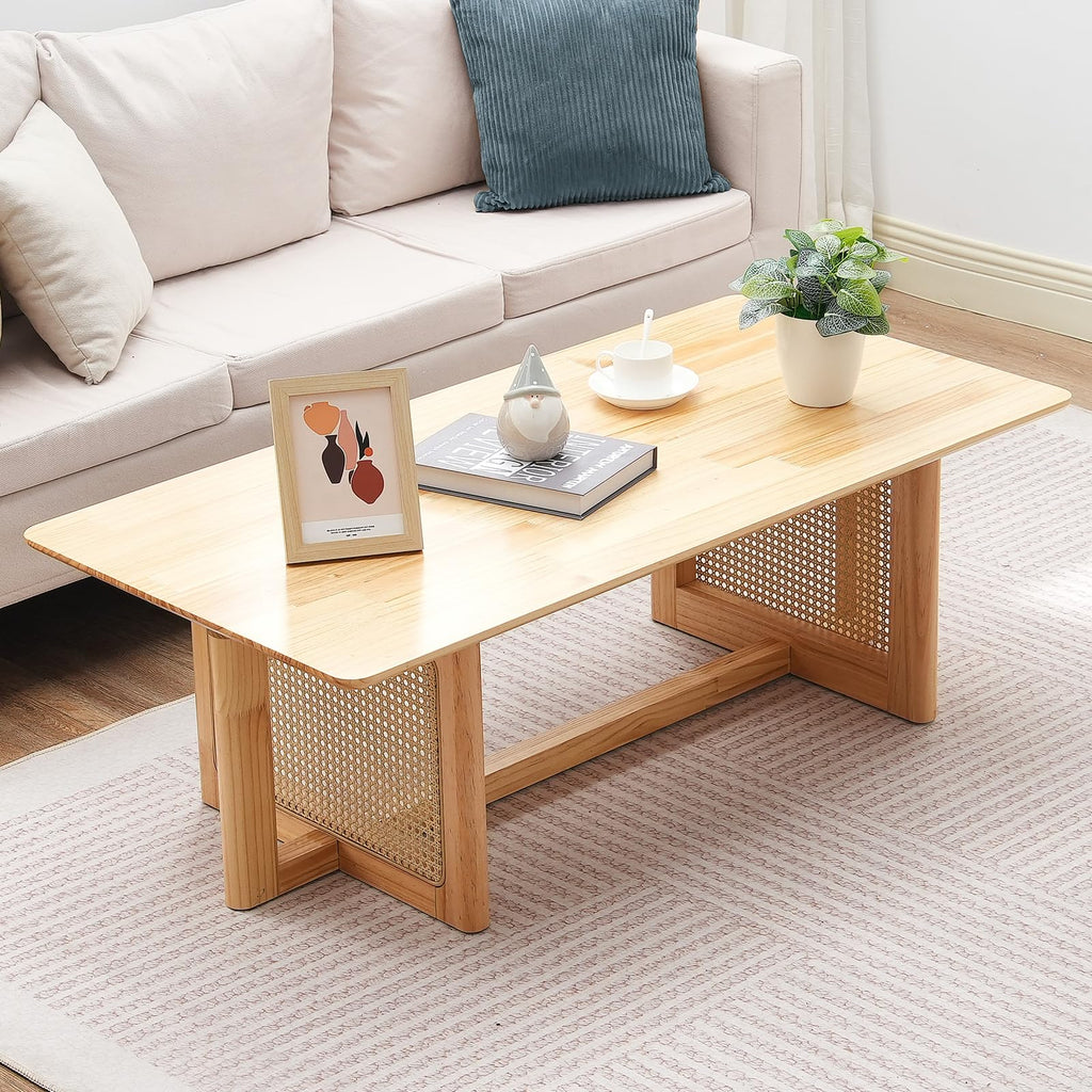 VEVOR Rattan Coffee Table, Rectangle Woven With Rubber Wood Top, 47-Inch Modern Boho Storage Table With Natural Legs, for Living Room, Bedroom & Small Spaces