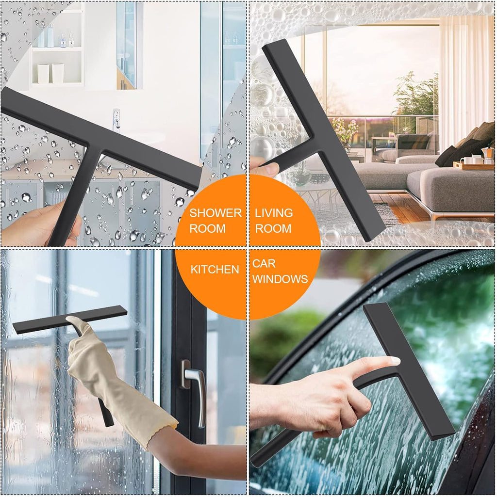 Skiennix All-Purpose Silicone Shower Squeegee - 9 Inch Black Tool with Hooks for Glass Doors & Mirrors