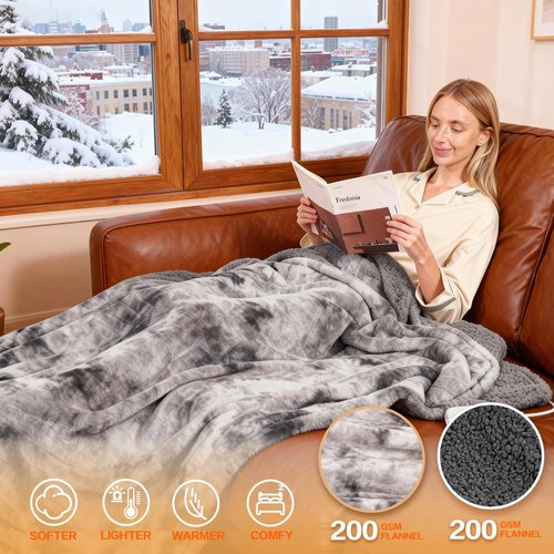 Cushious Electric Heated Blanket Throw 50''x60''Size Faux Fur Heating Blanket 10 Heating Settings, 1-8h Timer & Overheat Protection, Machine Washable, Soft Flannel and Sherpa Full Body Warmth