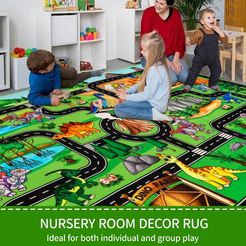 DINSUMRUG Kids Rugs for Playroom 59"×39.4" Dinosaur Car Play Mat Robot Dinosaur Park Road Educational Dino Road Rug for Toy Car Jurassic Themed Play Carpet for Kids, Toddlers, Nursery, Classroom