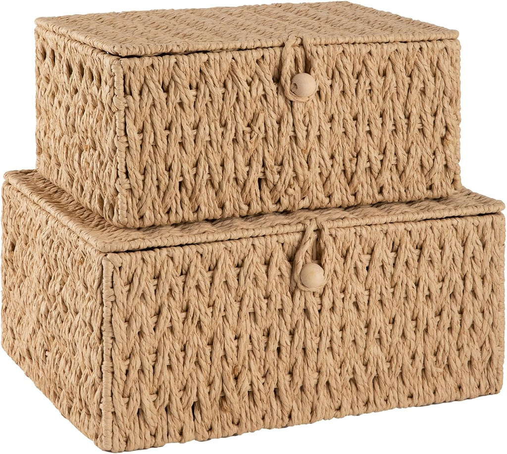 OIAHOMY Wicker Storage Baskets - Lidded Organizing Bins with Lock | Set of 2 in Natural Color