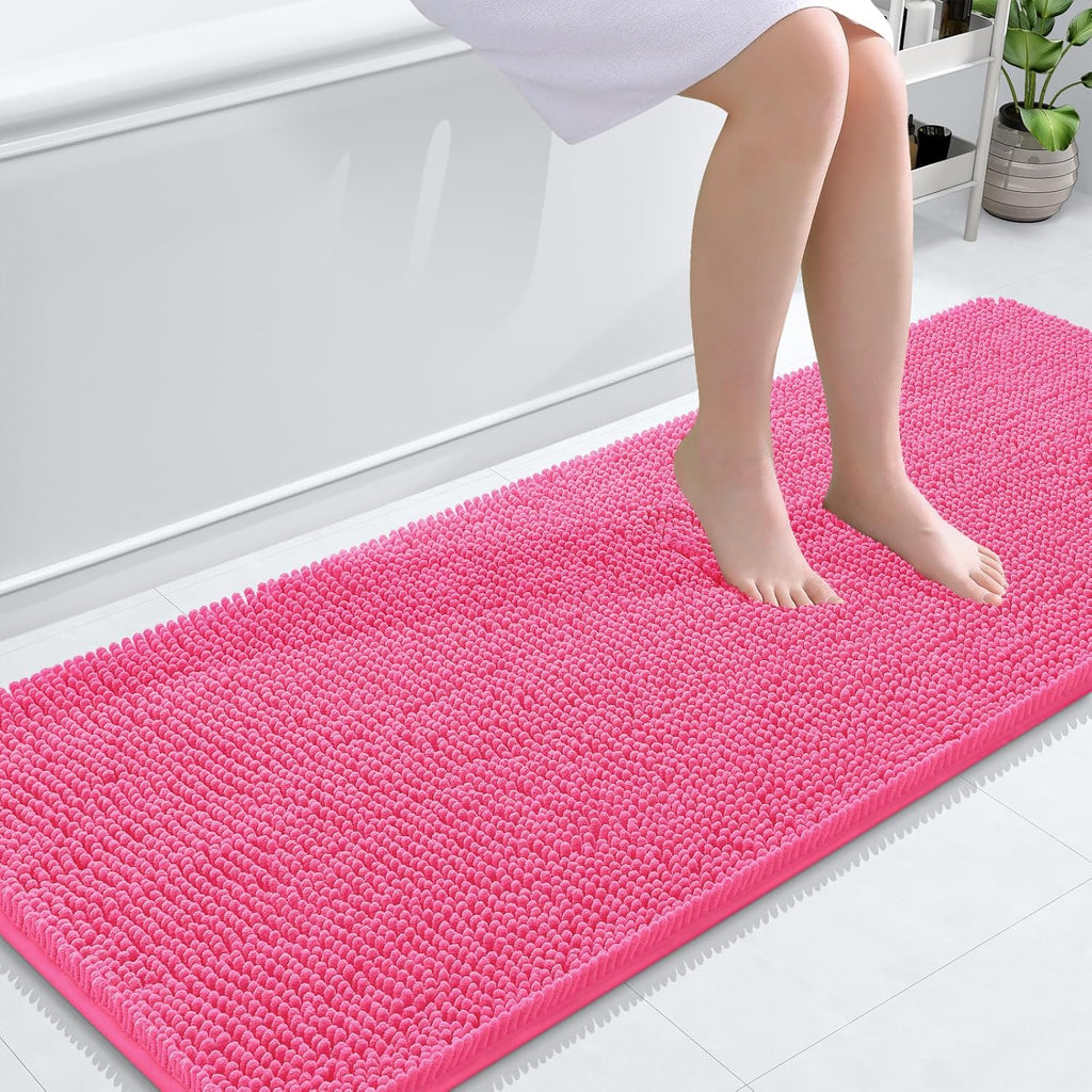 OLANLY Bathroom Runner Rug - Soft Absorbent Chenille with Rubber Backing | Quick Dry, 59x24, Hot Pink