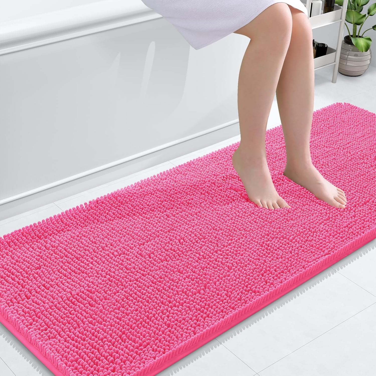 OLANLY Bathroom Runner Rug - Soft Absorbent Chenille with Rubber Backing | Quick Dry, 59x24, Hot Pink