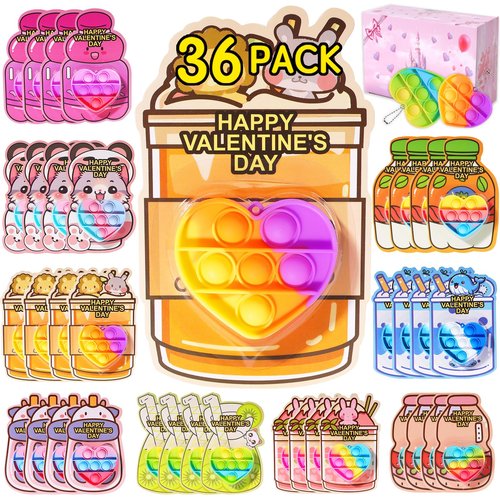 TOAPER 36 Pack Valentines Day Gifts for Kids - Bulk Prefilled Valentines Heart Pop Keychain Toys Classroom Cards, Valentine’s Day Cards for Kids Boys Girls School Class Exchange Gifts