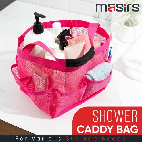Masirs Shower Caddy - 9 Pocket Portable Organizer Tote for Travel & Gym - Collapsible Pink Bag for Toiletries