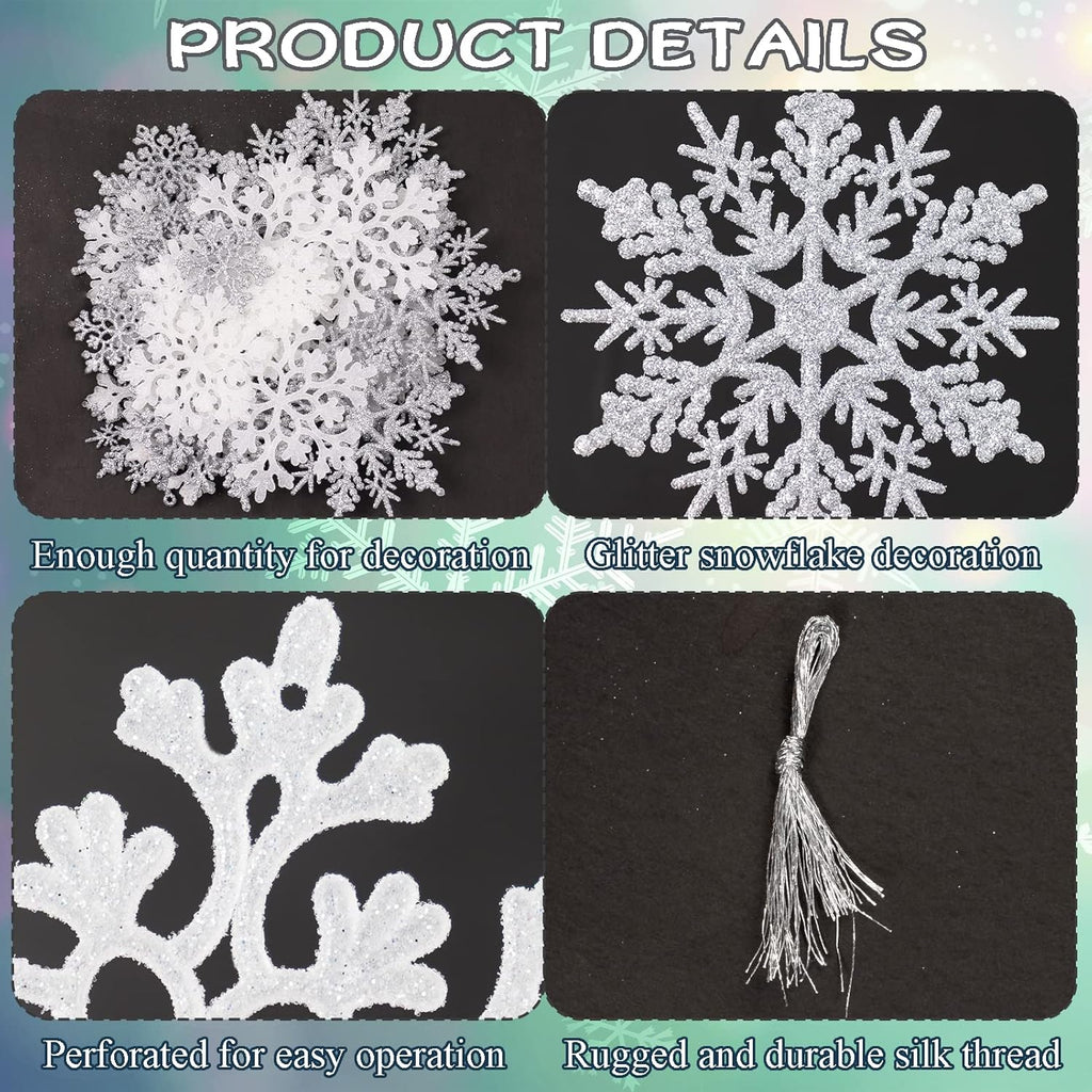 Skiennix Christmas Snowflake Ornaments - 36Pcs Glittering Plastic Hanging Decor for Winter Wonderland
