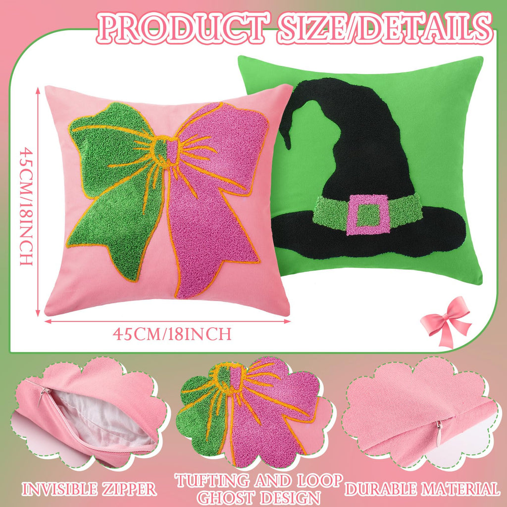 Cinnvoice 2 Pcs Pink and Green Pillow Covers Witch Embroidered Pillow Hat and Bow for Cute Birthday Gift Party Decorations