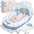 JollyBoo® Deluxe Infant Lounger Pillow - Portable Bamboo-Cotton Baby Nest with Sunshade & Toys | Soft, Breathable Mesh for Ages 0-24 Months (Blue Elephant)