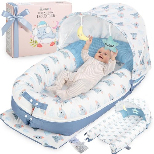 JollyBoo® Deluxe Infant Lounger Pillow - Portable Bamboo-Cotton Baby Nest with Sunshade & Toys | Soft, Breathable Mesh for Ages 0-24 Months (Blue Elephant)