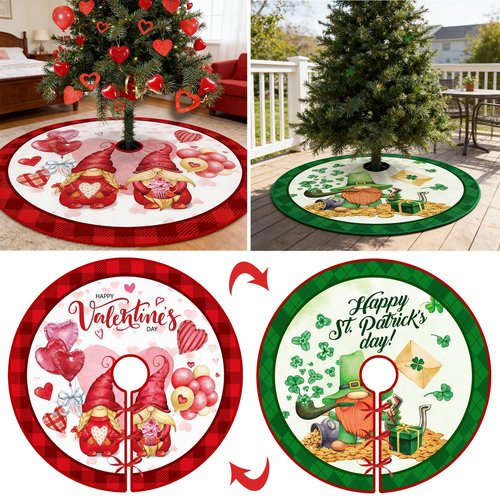 48 Inch St. Patrick's Day Tree Skirt Reversible Valentine's Day Decorations Double Sided Print Hearts Shamrock Mat for Home Holiday Party Decoration