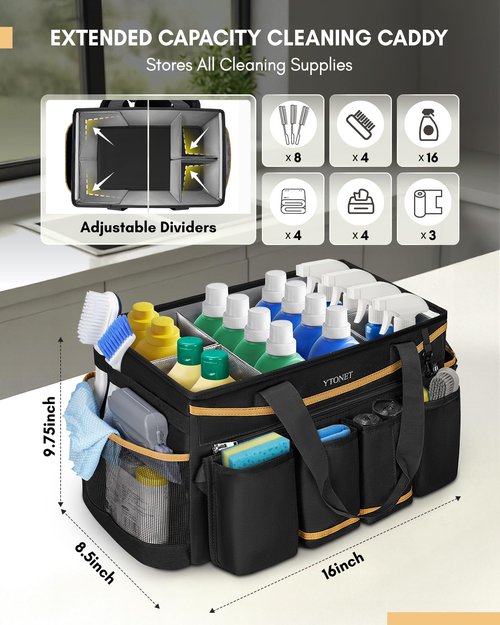 Ytonet Cleaning Caddy Bag with Detachable Apron, Extra Large Cleaning Supplies Organizer with Foldable Dividers, Portable Cleaner Tote with Handle, Cleaner Caddy for Housekeeper, Black