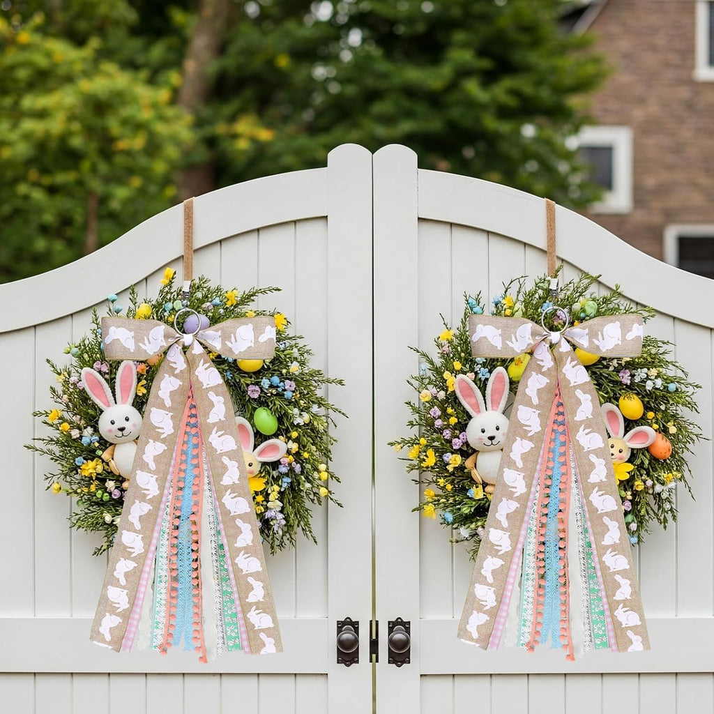 Suncalla Easter Ribbon Bows - 2 Pcs Large Rabbit Decorations for Front Door & Indoor/Outdoor Use