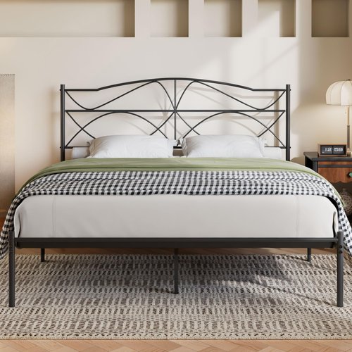VECELO Queen Size Bed Frame, Metal Bed Platform with Headboard, Sturdy Steel Slats Support, No Box Spring Needed/Noise-Free,Easy Assembly, Dark Black