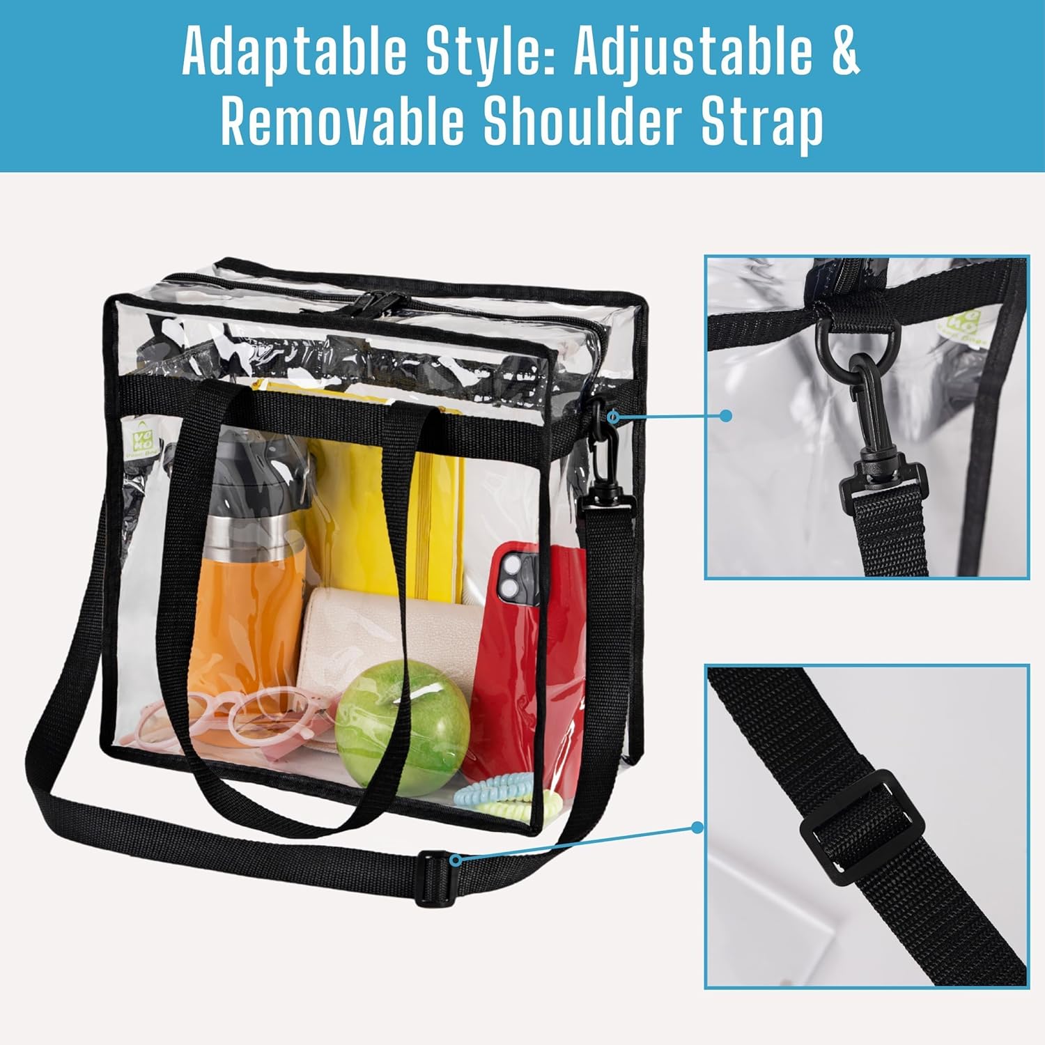 VENO Clear Tote Bag - Stadium Approved, Large 12x6x12 Transparent Crossbody for Beach & Events