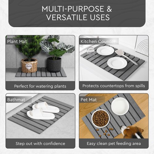 Foldable Stone Bath Mat | 23.6" x 15.4" Diatomaceous Earth Bath Mat with Anti-Slip Rubber Backing | Absorbent Bathroom Mat | Non Slip & Fast Drying Diatomite Stone Mat for Bathroom | Dark Grey
