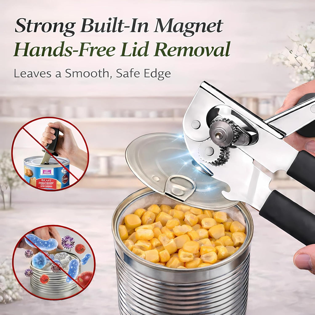 Skiennix Heavy Duty Manual Can Opener - Stainless Steel with Magnetic Lid Lifter & Bottle Opener