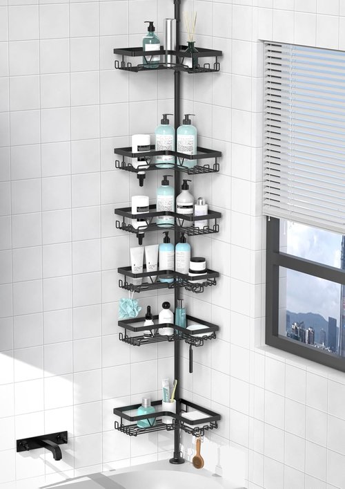 KEGII Corner Shower Organizer - 6-Tier Tension Pole Caddy | Waterproof & Rustproof, 25-114.2 Inch, Black
