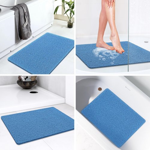 LuxStep Shower Mat Bathtub Mat,24x16 inch, Non-Slip Bath Mat with Drain, Quick Drying PVC Loofah Bathmat for Tub,Shower,Bathroom (Lake Blue)