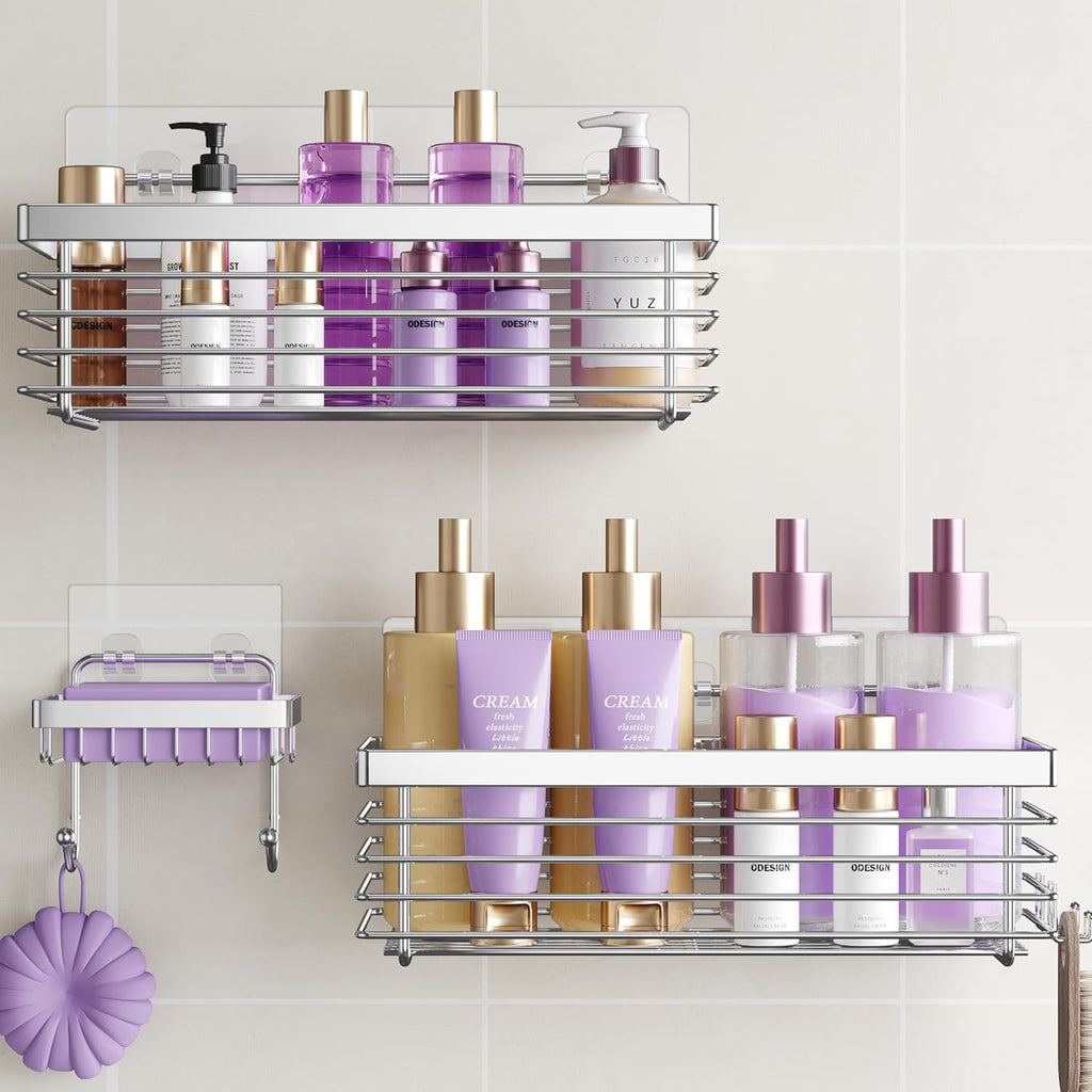 ODesign Shower Caddy - 3 Pack Stainless Steel Wall-Mounted Shelves | No Drilling, Rustproof, Silver
