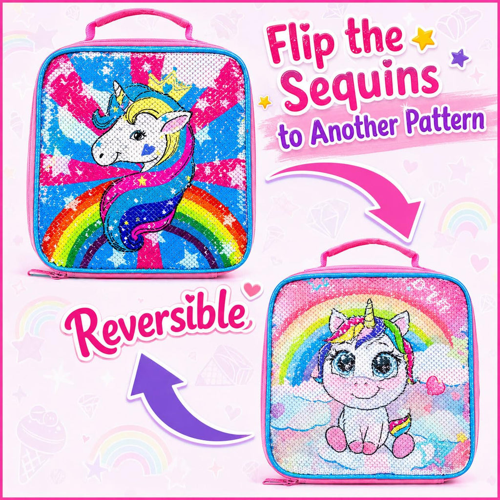 AGSDON 3PCS Unicorn Backpack for Girls, 16" Little Kids Sequin Preschool School Bookbag and Lunch Box