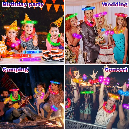 Glow Sticks Party Favors Supplies for Toddler 18 PCS, Easter Basket Stuffers Fidget Toys Gifts for Kids, Light up Pop Tubes Necklace ＆ Bracelet Accessories,Non Candy Treats for Camp,Birthday,Wedding