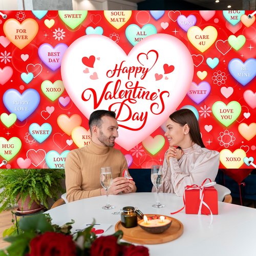 Mocsicka Valentines Backdrop Decorations Banner Red Conversation Heart Romantic Love Valentines Background Valentines Anniversary Party Decorations Photo Booth Props (Red, 6x3.6ft)