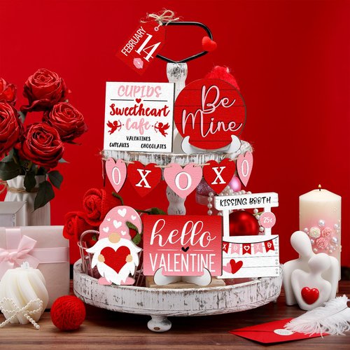 Jetec 12 Pcs Valentine's Day Tiered Tray Decor Set Heart Wood Sign XOXO Gnome Truck Rustic Farmhouse Tray Signs Table Decor for Romantic Valentine's Day Kitchen Home(Gnome with Love)