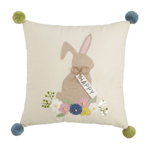 Mud Pie Bunny Embroidered Pillows, 19" x 18", Happy