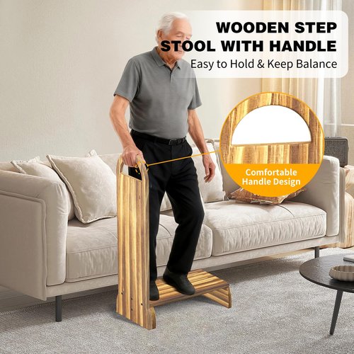 Wooden One Step Stool with Handle, 6" Height Wooden Step for Bathroom/Kitchen, Solid Wooden Step with Semicircle feet for Elderly, Adults, Kids to Get in & Out of Bed Easily(440LBs Capacity)