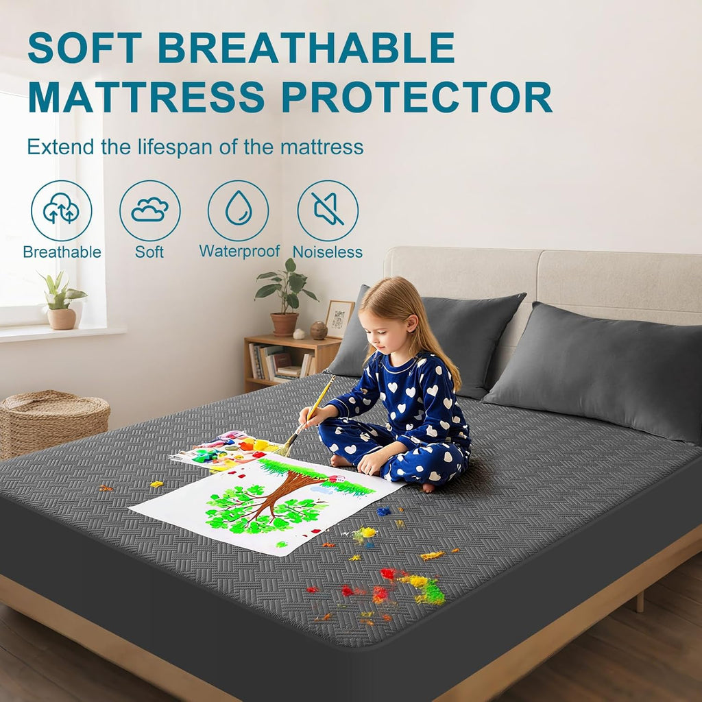 Skiennix Waterproof Mattress Protector - Breathable, Noiseless Twin Bed Cover with Deep Pockets (Gray)