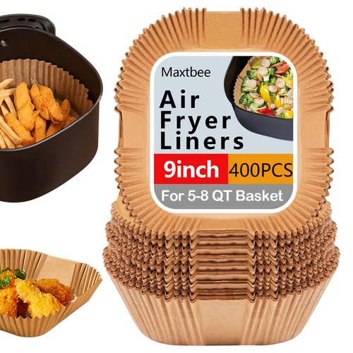 9 Inch Air Fryer Liners Disposable, 400Pcs Square Air Fryer Paper Liners, Oil-Proof & High-Temperature Resistant Parchment Baking Paper for Air Fryer, Microwave and Oven（Bottom Is 9 Inch）