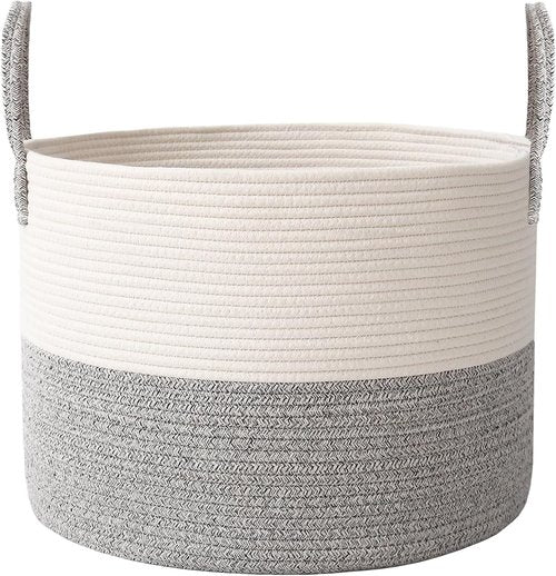 **JMvicyroam Extra Large Blanket Basket - Woven Cotton Rope Laundry Hamper with Reinforced Handles | White & Grey**