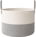 **JMvicyroam Extra Large Blanket Basket - Woven Cotton Rope Laundry Hamper with Reinforced Handles | White & Grey**