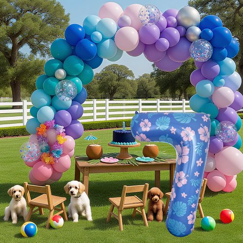 40 Inch Pastel Blue and Pink Number 7 Foil Metallic Balloon for Kids' Hawaii Cartoon Birthday Party Decorations