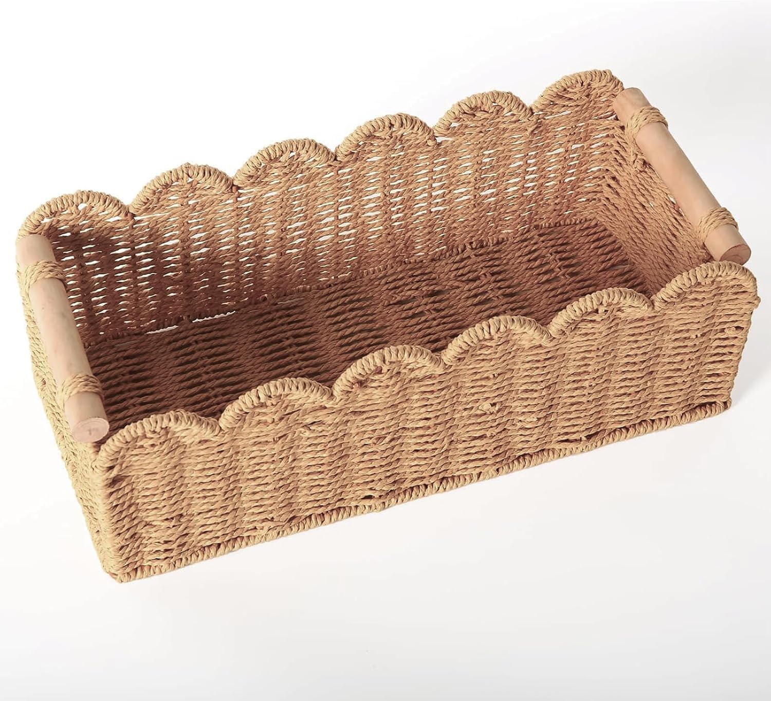 Scalloped Organizer Basket - Hand Woven Paper Rope Toilet Tank Storage with Wooden Handle | 14.2 x 6.5 x 5 Inches